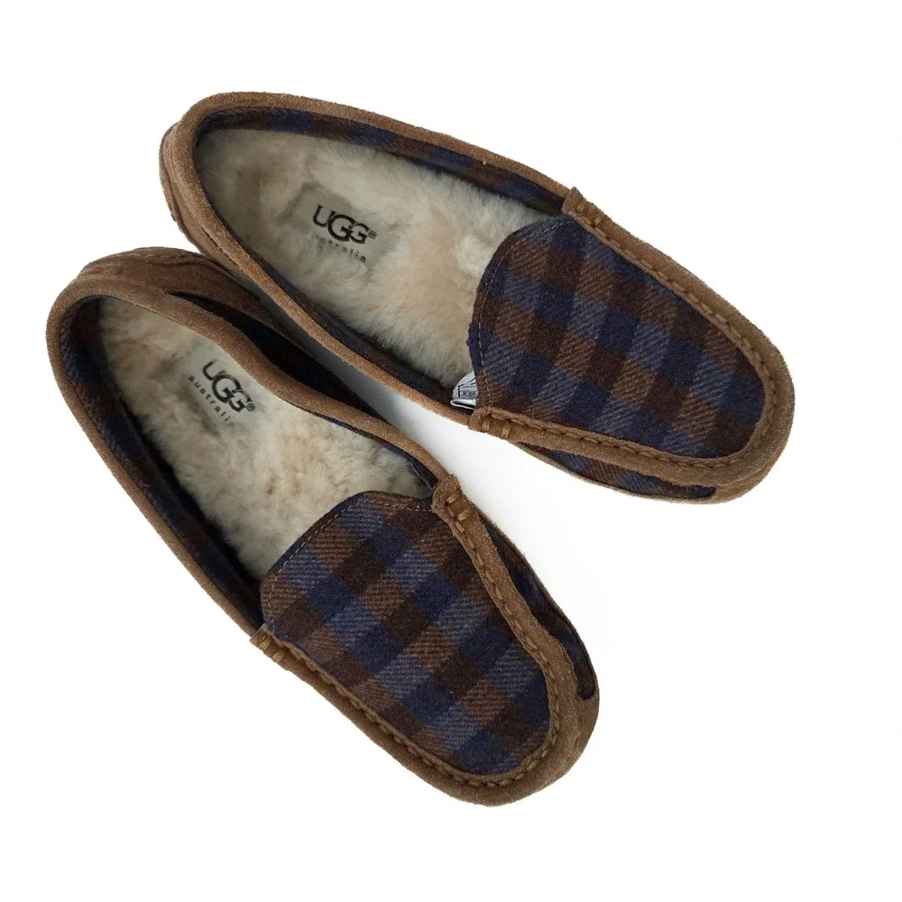 UGG Australia Ascot Plaid Slippers Kids 4 Womens 6 Brown Sheepskin Moccasins